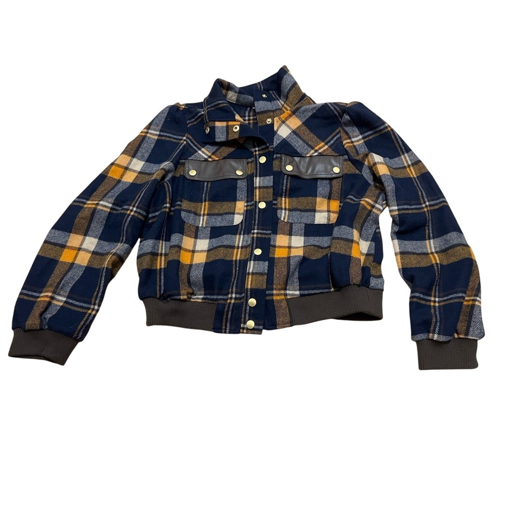 Cato Navy Mustard Plaid Bomber Jacket Faux Leather Trim Gold Hardware Medium